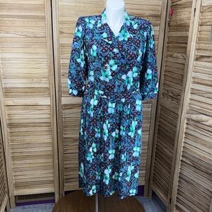 Breli 2 Floral Pink Purple Black 3/4 Sleeve Dress Belt Size 16 Vintage Union Tag